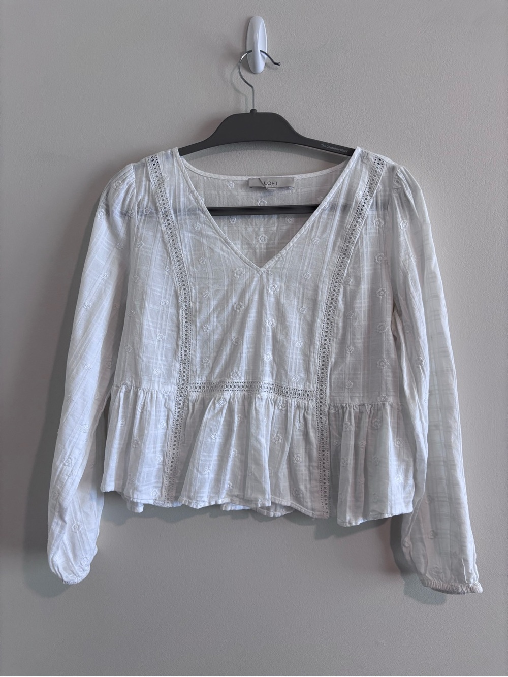 LOFT White V-Neck Lace-Trim Peplum Blouse
